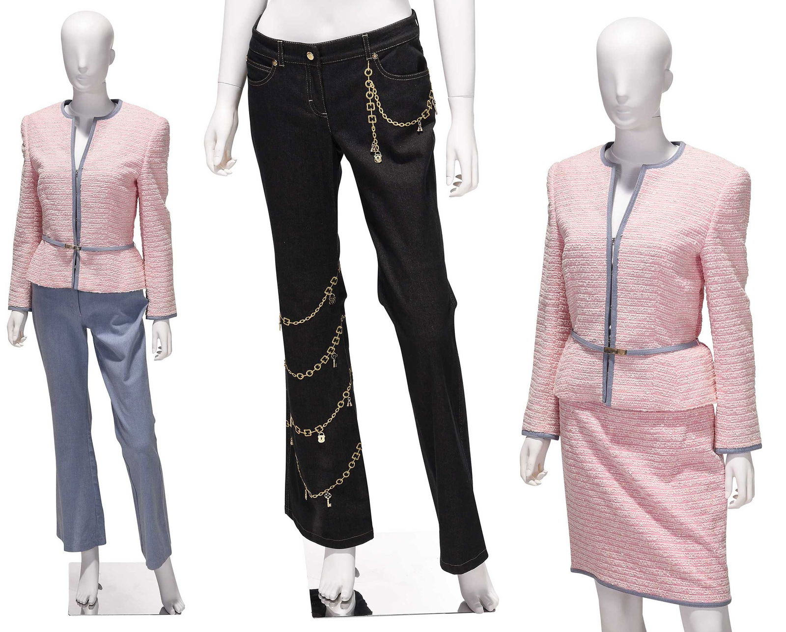 Escada Ladies Ensemble with Jeans: Germany/Hungary, comprising: light pink jacket with denim trim and attached belt, tagged size "36", shoulder 16-1/4 in., length 21-1/2 in., pit to cuff 16 in.; matching light pink skirt with denim tri