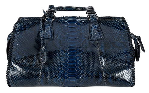 Giorgio Armani Blue Python Top Handle Bag: Italy, with leather accents, suede interior, and gunmetal hardware, with original dust bag, keys and lock in clochette, 8-3/4 x 14-3/4 x 6-3/4 in., handle drop 5 in. Provenance: Private Collection, No