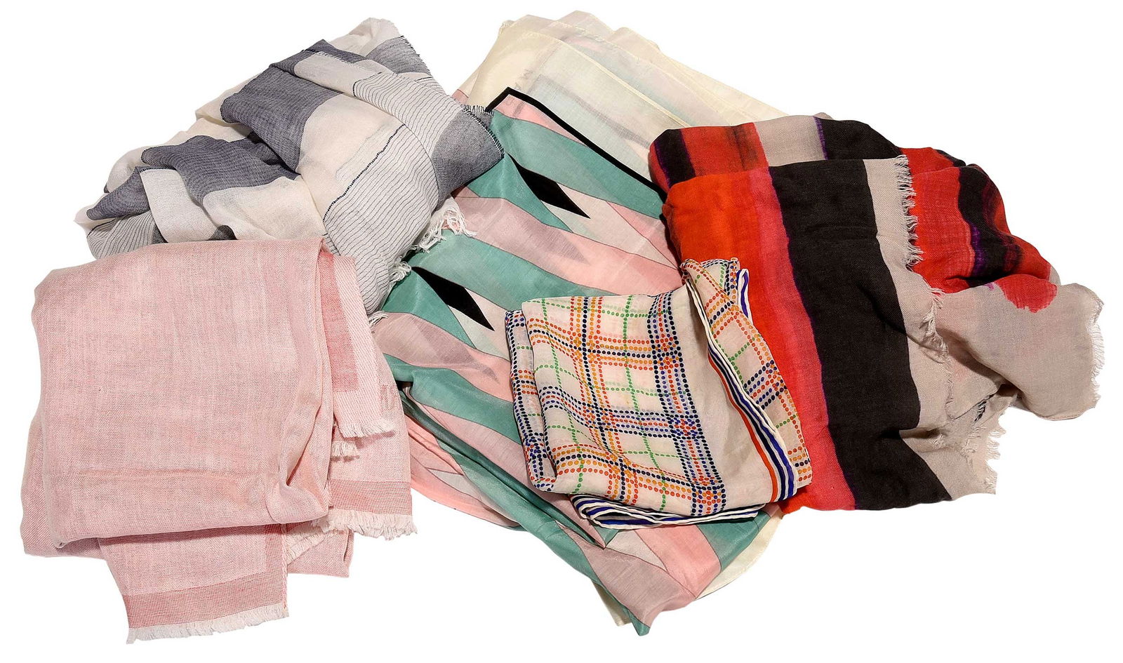 Five Designer Scarves, Armani, Marc Jacobs, and Givenchy: comprising: three Armani scarves, Italy, largest 75 x 29 in.; Givenchy scarf, France, 26 x 26-1/2 in.; Marc Jacobs scarf 51-1/2 x 63-1/4 in. Provenance: Private Collection, North Carolina