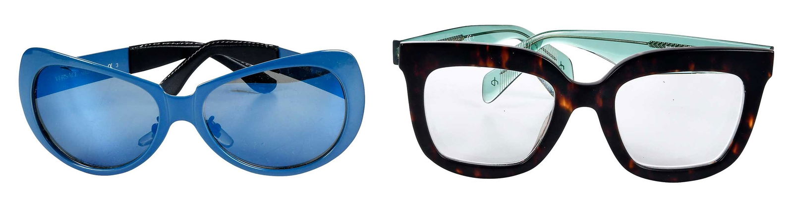 Two Pairs of Designer Sunglasses, Versace and rag & bone: comprising: Versace Mod. X99/P sunglasses, with associated case, case 1-3/4 x 6-1/8 x 2-7/8 in.; rag & bone RNB 1002/S eyeglasses, with associated Fendi case, case 2-1/2 x 6-1/2 x 2-1/2 in. Provenance
