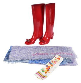 Salvatore Ferragamo Red Niper Rain Boots and Two Louis Vuitton Scarves