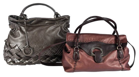 Two Salvatore Ferragamo Metallic Leather Bags: Italy, comprising: silver leather shoulder bag, silver tone hardware and woven detail, 12 x 16 x 7 in., strap drop 8 in.; bronze and brown leather crossbody/shoulder bag, silver tone hardware, 8 x 14