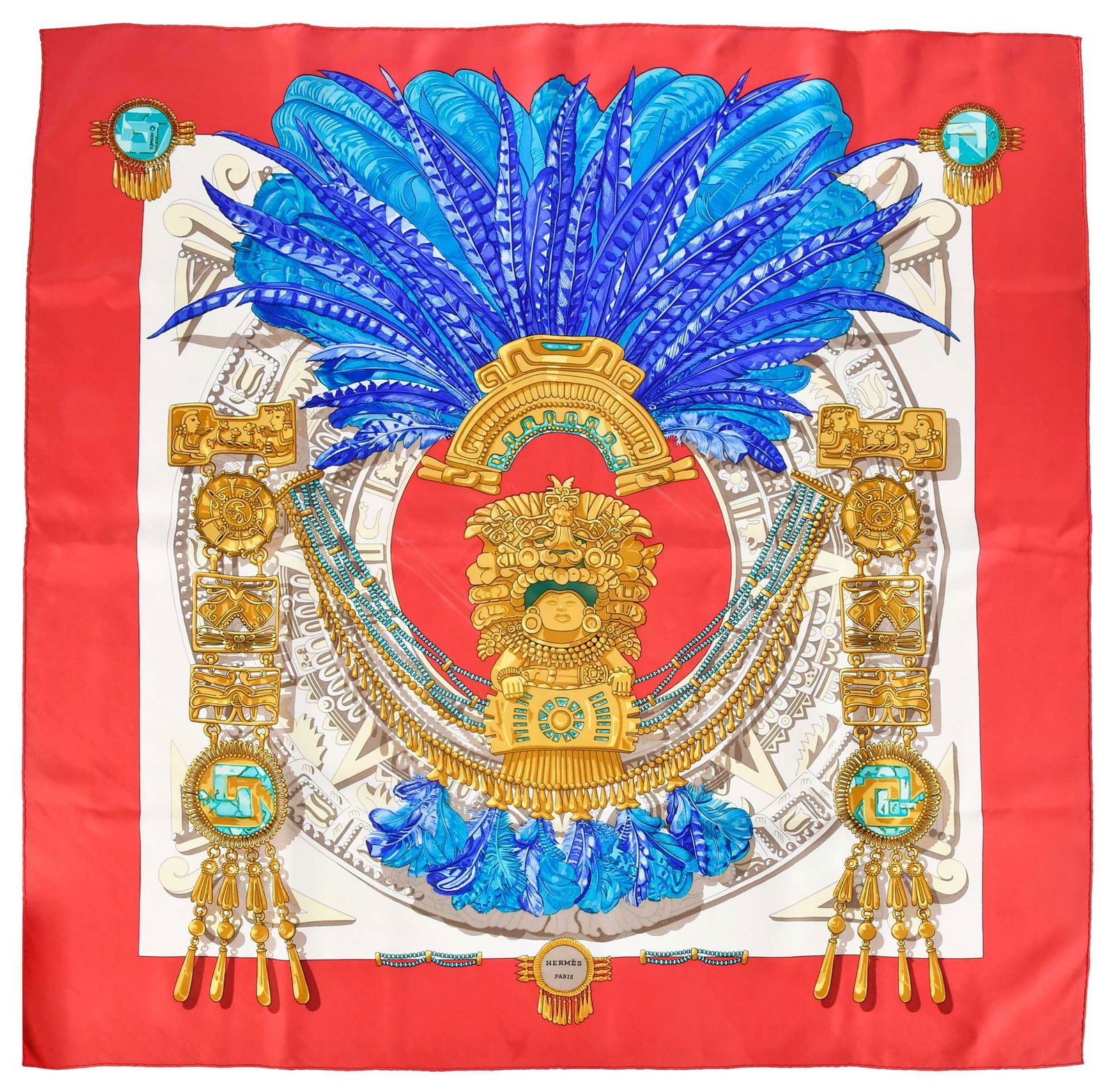 Hermes Mexique Silk Scarf: France, designed by Caty Latham, tag reads "Made in France/100% silk/Dry clean only", approx. 24-1/2 x 34-1/2 in.