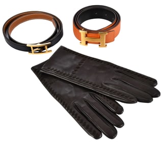 Two Hermes Ladies Belts and a Pair of Leather Gloves