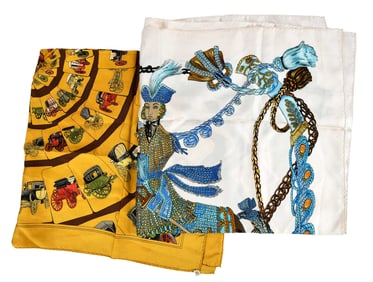Two Hermes Silk Scarves, Le Timbalier and Carrosserie