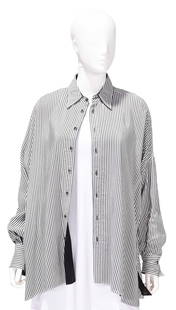 Brunello Cucinelli Spring/Summer 2021 Reversible Silk Blouse: Solomeo, Italy, drop shoulder, gray and white stripes/black, tagged size "S", shoulder 28-1/2 in., length 28-1/2 in., pit to cuff 15 in., with original tags Provenance: Property from a Florida Estate