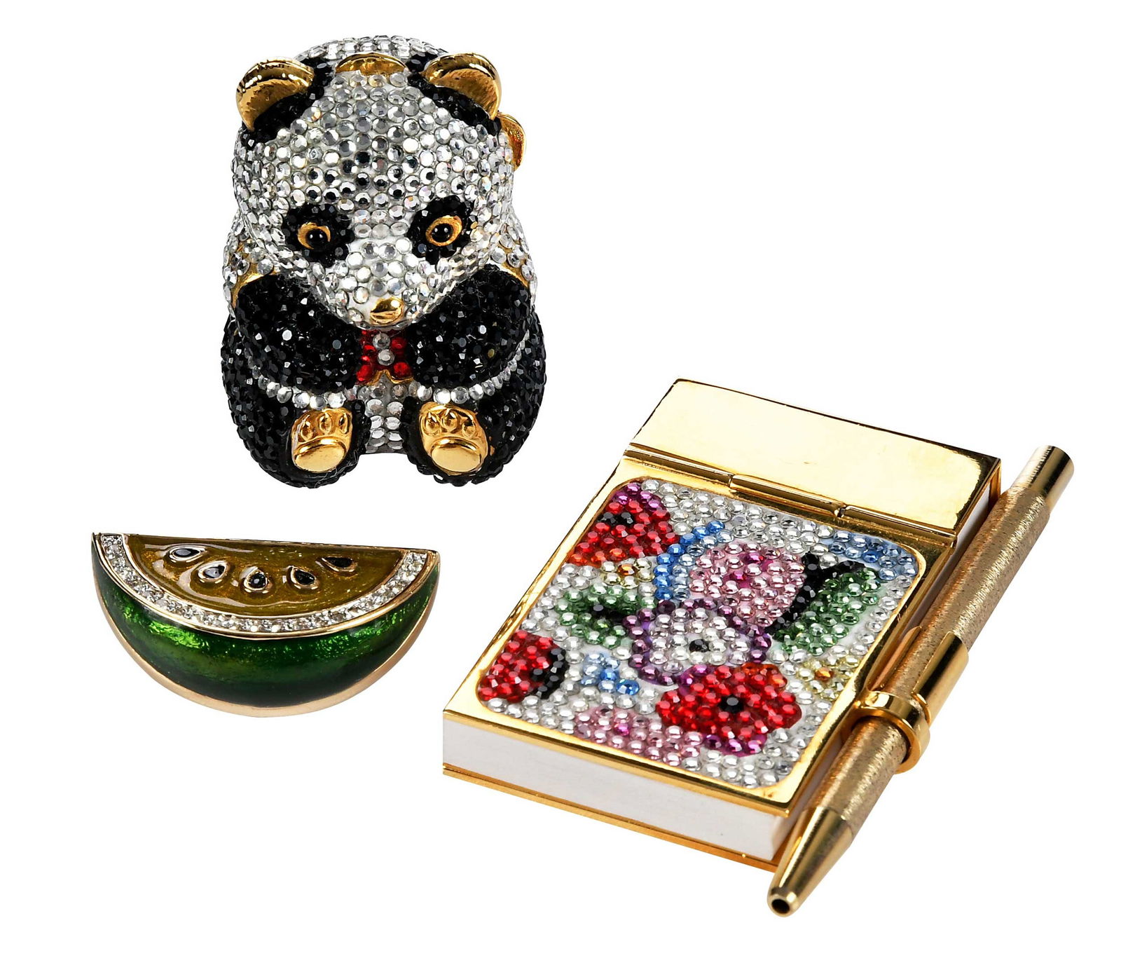 Three Small Judith Lieber Accessories: New York, comprising: miniature notepad and pencil, two panels featuring jeweled floral decoration, 3 x 1-5/8 x 3/8 in.; panda bear pill box, 1-3/4 x 1-1/4 x 1-1/4 in.; watermelon brooch, 5/8 x 1-1/4