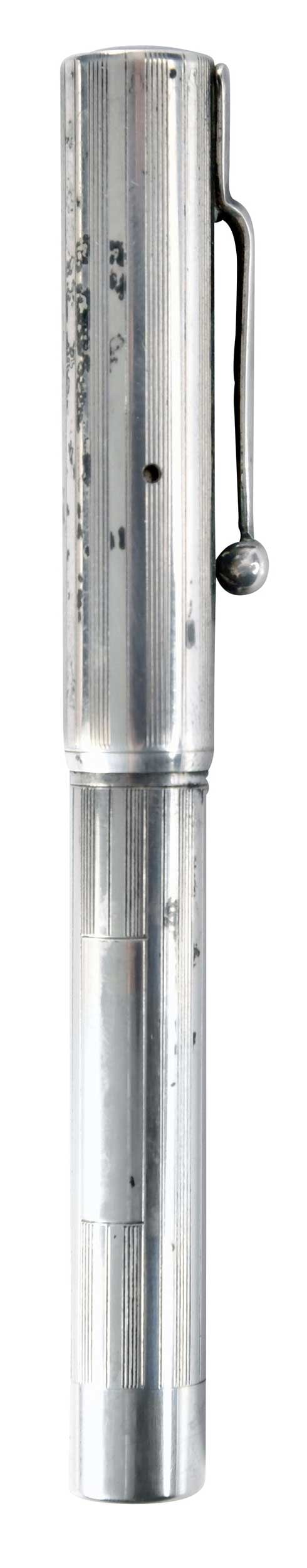 Georg Jensen Sterling Lever Fill Fountain Pen: sterling silver cap and barrel, barrel marked "STERLING/GEORG JENSEN INC. USA", nib marked "HUTCHEON/N.Y./USA/14K", 14kt. yellow gold, 3-3/4 in.; with original fabric pouch, label reading "Georg Jense