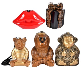 Five Assorted Timmy Woods Hand Carved Handbags