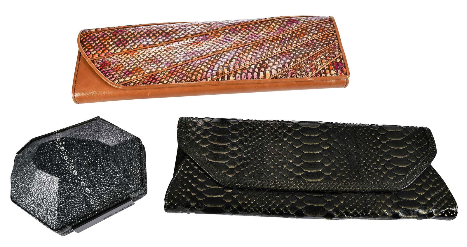 Two Kotur Clutches and Herve Leger Clutch: comprising: Kotur exotic hide clutch with metallic finish, suede lining, plastic guards to interior hardware, 5 x 13-1/4 x 1 in.; Kotur clutch in tan leather/multicolor snake skin, jacquard lining, 5