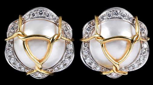 18kt. and Platinum Verdura Mabe Pearl and Diamond Clip On Earrings