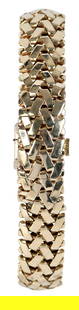 14kt. Vintage Fancy Link Bracelet Watch: rectangular watch dial, marked "GENVE", back case stamped "14K GOLD", yellow gold, fancy link bracelet, stamped "14k", yellow gold, length 7-1/2 in., hidden clasp, 37.1 g Provenance: Julia C West Foun
