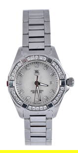 TAG Heuer Aquaracer with Diamond Bezel: Swiss made, 27mm, mother of pearl dial, diamond numerical markers, date function, diamond bezel, white gold case, RMZ3513, WAY1414, quartz movement, lug marked "3188", sapphire crystal, stainless stee