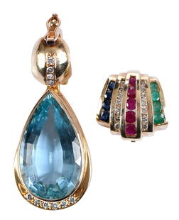 14kt. Aquamarine Diamond Pendant and 14kt. Multi-Gemstone Slide Pendant: modified pear step cut aquamarine, approx. 24.0 x 14.0mm, 11 round full cut diamonds, unstamped, tests 14kt. yellow gold, 1-7/8 x 5/8 in., 11.3 g; slide with five columns of channel set gemstones: fiv