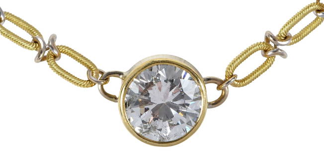 18kt. Solitaire Diamond Pendant on Fancy Chain - GIA: bezel set round brilliant cut diamond, 2.41ct., GIA report 2231513630, I1, K, unmarked, tested 18kt. yellow gold, fancy open link two tone chain, unmarked, tested 18kt. yellow and white gold, 17 in. l