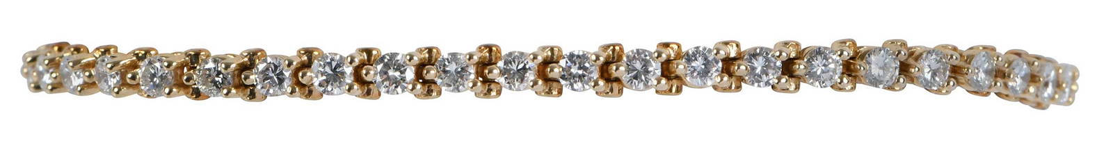 14kt. Diamond Tennis Bracelet: 46 round brilliant cut diamonds, each approx. 3.0mm, stamped "14KP", tests 14kt. yellow gold, 7-1/4 in. length, 11.8 g Provenance: Private Collection, North Carolina Note: Gemstones are evaluated in s
