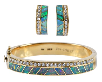 18kt. Opal Inlay and Diamond Bangle Bracelet and Earrings