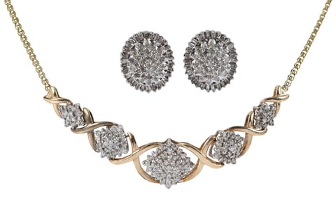 10kt. Diamond Cluster Necklace and Earrings