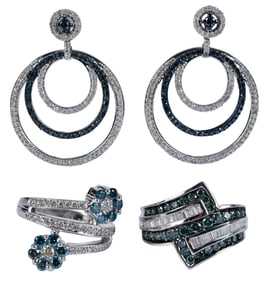 Blue and White Diamond Collection, Two Rings and Pair of Earrings