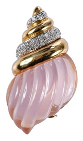 18kt. Shell Motif Rose Quartz and Diamond Brooch