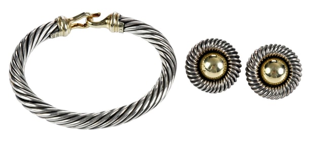 David Yurman Classic Cable Buckle Bracelet and Cable Dome Button Earrings