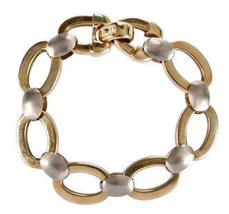 Italian 14kt. Two-Tone Fancy Link Bracelet: stamped "14Kt, Au, ITALY", eight yellow gold links, approx. 3/4 x 1/2 in., alternating with seven white gold links, approx. 3/8 x 1/4 in., lobster clasp, 7-1/2 in. length, 27.1 g Provenance: Private C