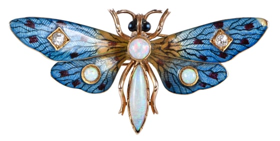 14kt. Enamel Dragonfly Brooch with Diamonds and Opals