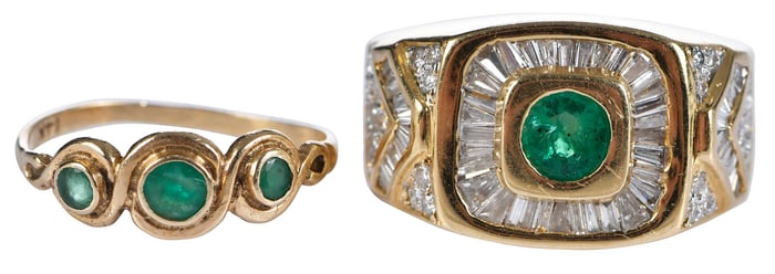 18kt. Emerald and Diamond Cigar Band and 14kt. Three Emerald Ring