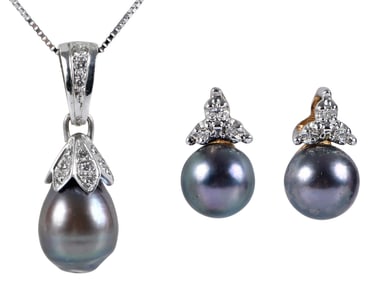 14kt. Large Tahitian Baroque Pearl, Diamond Necklace and Earrings
