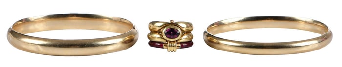 18kt. Pink Tourmaline Ring with Two 14kt. Bangle Bracelets