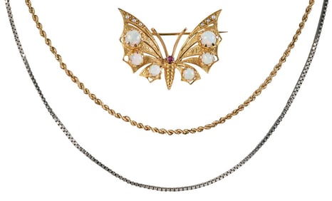 14kt. Opal Butterfly Brooch and Two 14kt. Chains