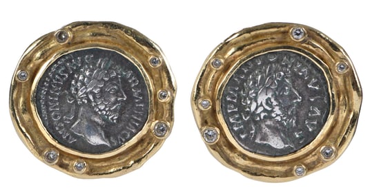 18kt. Ancient Coin and Diamond Clip on Earrings