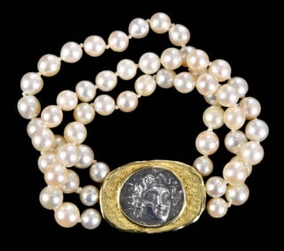 18kt. Three Strand Cultured Pearl Bracelet with Coin Form Clasp