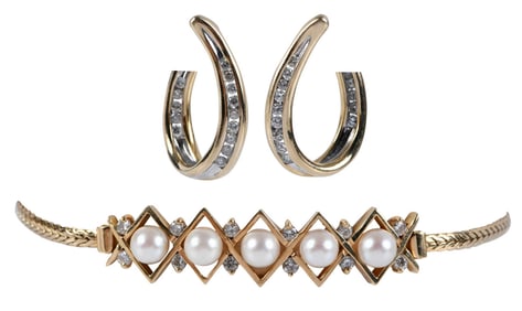 14kt. Diamond Hoop Earrings and 14kt. Pearl and Diamond Bracelet