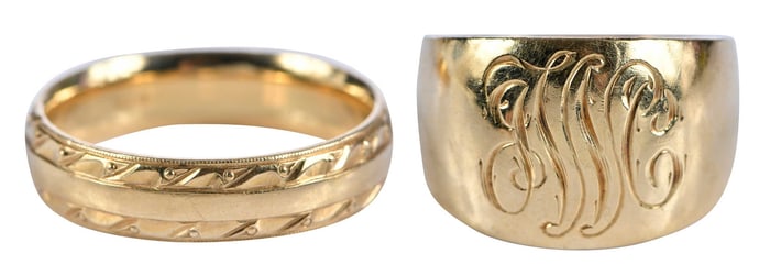 18kt. Engraved Wedding Band and Monogram Cigar Band