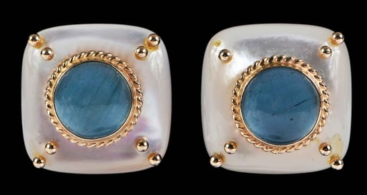 14kt. MAZ Mother of Pearl and Aquamarine Earrings
