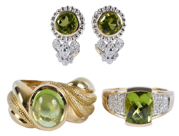 Peridot and Gold Suite: Two Rings and Earrings