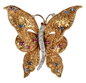 18kt. Large Butterfly Brooch with Diamonds, Sapphires, and Rubies