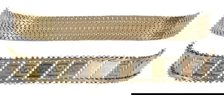 Two 14kt. Fancy Link Bracelets: 30 rectangular white and yellow gold links, stamped "14K, CX", lobster clasp, length 7-1/2 in.; stamped "585, ITALY", 14kt. yellow gold, lobster clasp, 7-1/4 in.; total weight 21.3 g Provenance: Priva