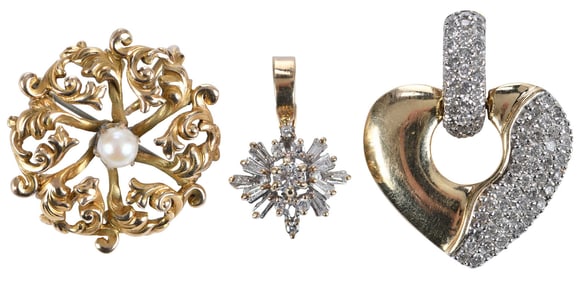 Two 14kt. Diamond Pendants and 14kt. Pearl Pendant/Brooch