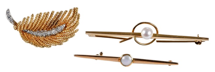 Three 18kt. Brooches, One with Diamonds and Two with Pearls