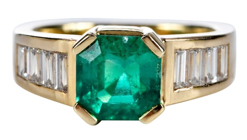 18kt. Emerald and Baguette Diamond Ring with European Shank