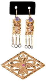 22kt. Earrings and Ruby Brooch