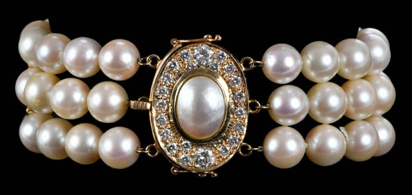 Three Strand Pearl and Diamond Clasp Bracelet