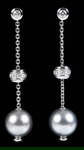 Mikimoto 18kt. Tahitian Pearl Drop and Diamond Earrings: two Tahitian pearls, approx. 10.0mm, round brilliant cut diamonds, approx. 0.44ctw., diamond barrel on chain moves, stamped "Mikimoto, 750", white gold, 1-3/4 in. drop from post, 9.0 g Provenance: Pri