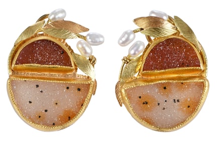 18kt. Pat Garrett Druzy Agate and Pearl Earrings