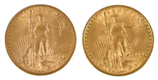 Two 1908 $20 Saint Gaudens Double Eagle Gold Coins