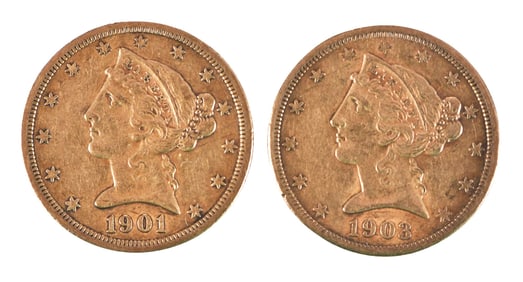 Two San Francisco Mint $5 Half Eagle Gold Coins