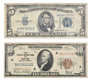 Nineteen $5 and Forty-Seven $10 U.S. Bank Notes / Currency / Paper Money