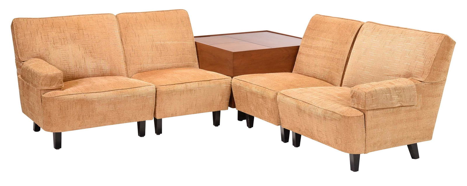 George Nelson for Herman Miller Sectional Sofa With Record Storage Cabinet: four piece sectional sofa with ebonized birch legs, walnut record/magazine storage cabinet, label in cabinet reads "George Nelson Design, Herman Miller, Zeeland, Michigan", two sectionals, 32 x 35 x 3